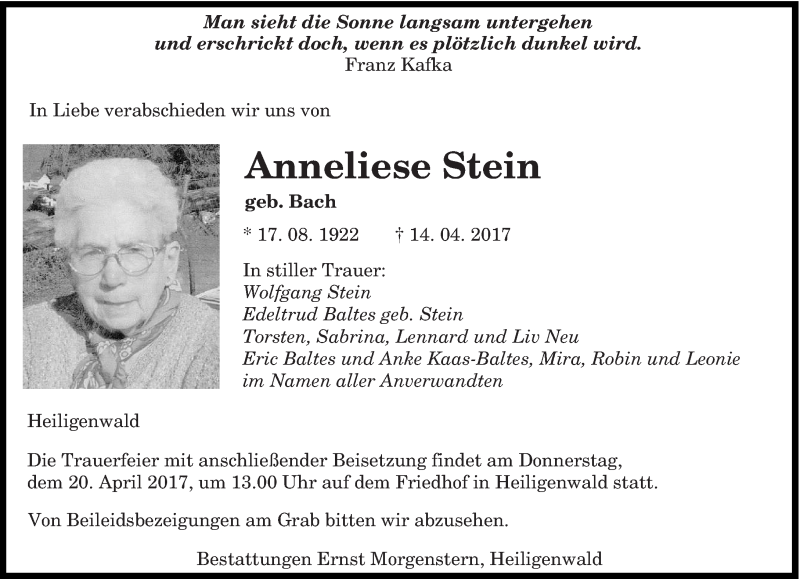  Traueranzeige für Anneliese Stein vom 19.04.2017 aus saarbruecker_zeitung