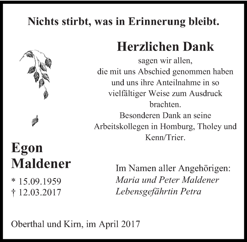  Traueranzeige für Egon Maldener vom 22.04.2017 aus saarbruecker_zeitung