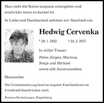 Traueranzeige von Hedwig Cervenka von saarbruecker_zeitung