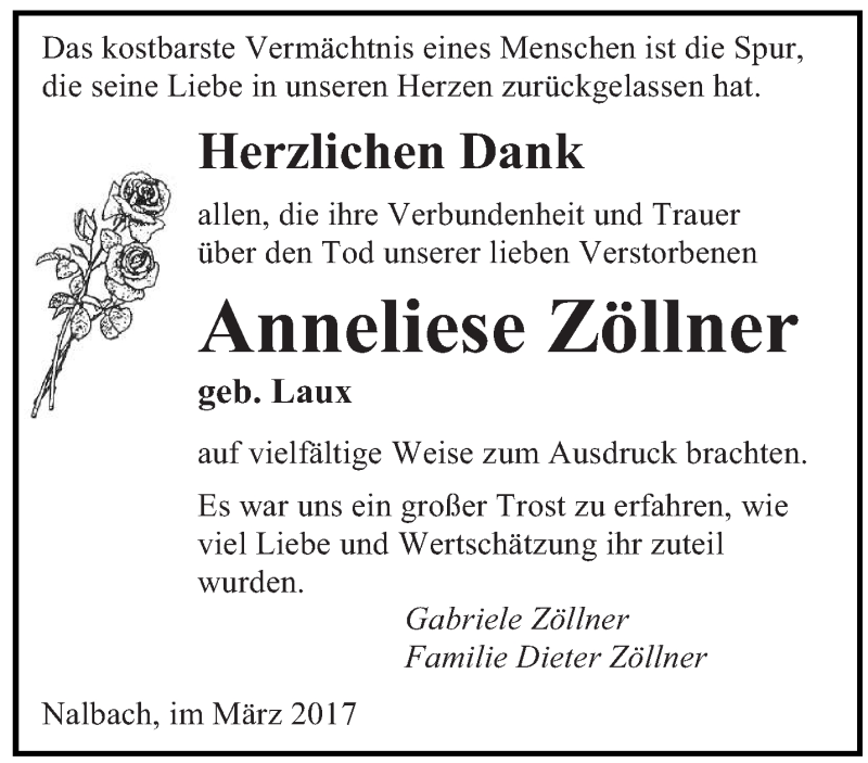  Traueranzeige für Anneliese Zöllner vom 01.04.2017 aus saarbruecker_zeitung