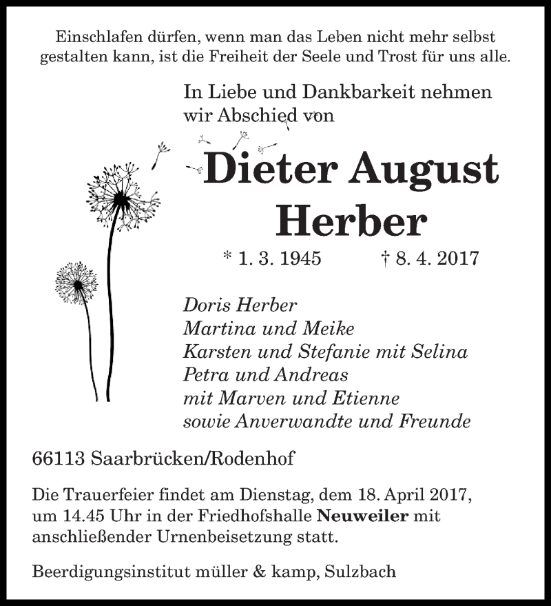  Traueranzeige für Dieter August Herber vom 12.04.2017 aus saarbruecker_zeitung