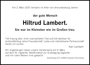 Traueranzeige von Hiltrud Lambert von saarbruecker_zeitung