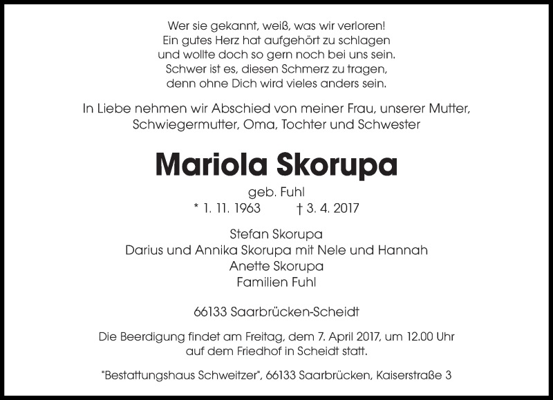  Traueranzeige für Mariola Skorupa vom 05.04.2017 aus saarbruecker_zeitung