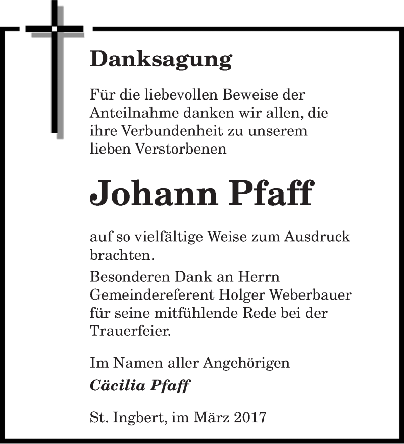  Traueranzeige für Johann Pfaff vom 18.03.2017 aus saarbruecker_zeitung