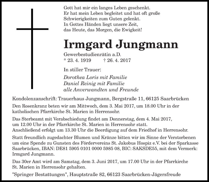  Traueranzeige für Irmgard Jungmann vom 29.04.2017 aus saarbruecker_zeitung