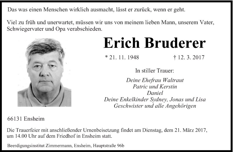  Traueranzeige für Erich Bruderer vom 18.03.2017 aus saarbruecker_zeitung