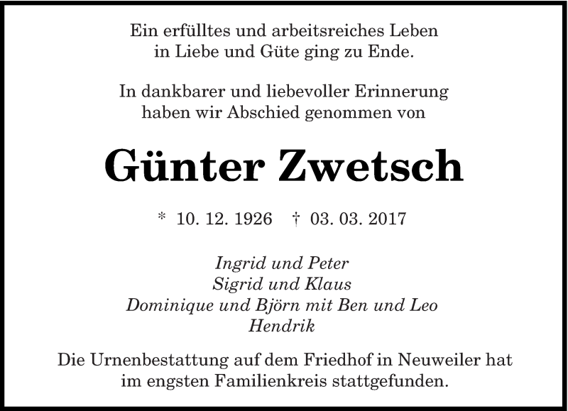  Traueranzeige für Günter Zwetsch vom 18.03.2017 aus saarbruecker_zeitung