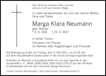 Traueranzeige von Marga Klara Neumann von saarbruecker_zeitung