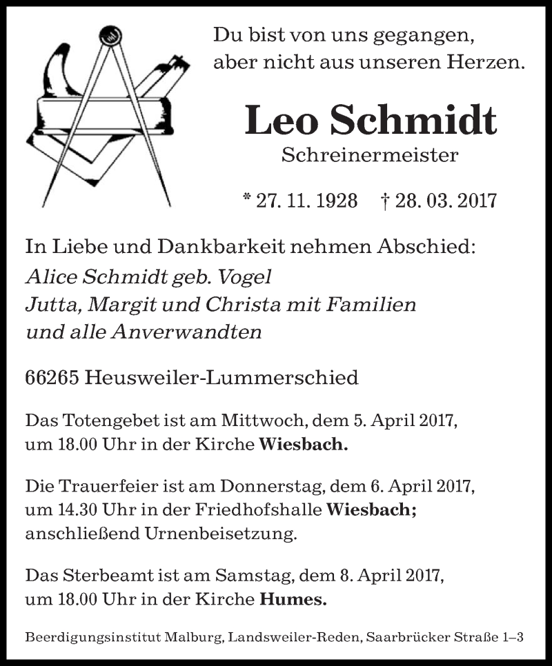  Traueranzeige für Leo Schmidt vom 03.04.2017 aus saarbruecker_zeitung