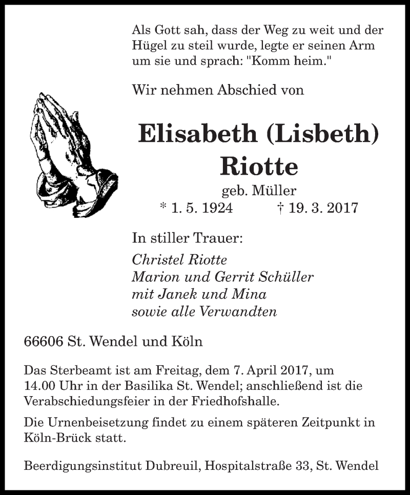  Traueranzeige für Elisabeth  Riotte vom 01.04.2017 aus saarbruecker_zeitung