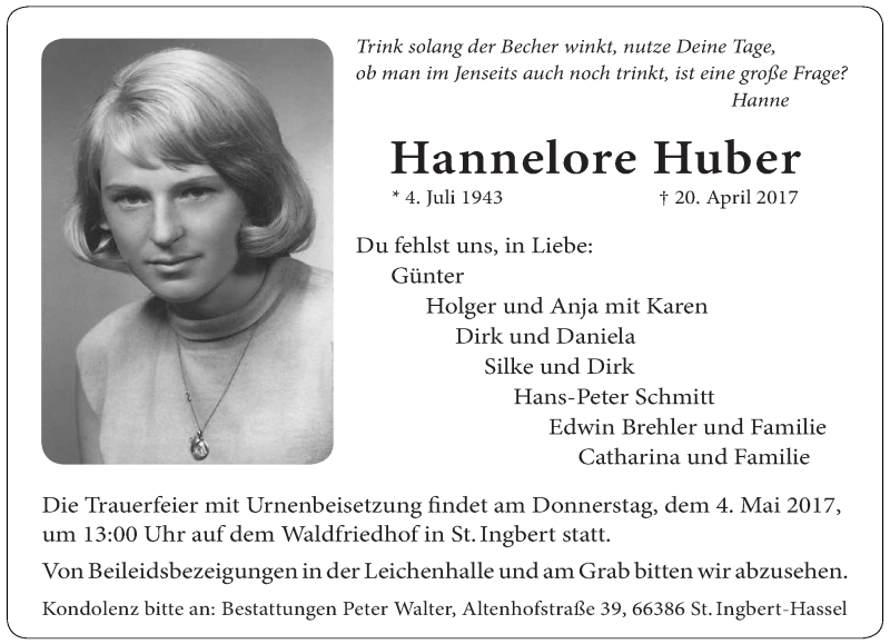  Traueranzeige für Hannelore Huber vom 29.04.2017 aus saarbruecker_zeitung