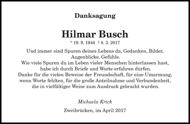  Traueranzeige für Hilmar Busch vom 22.04.2017 aus saarbruecker_zeitung