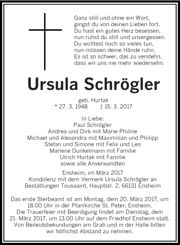 Traueranzeige von Ursula Schrögler von saarbruecker_zeitung