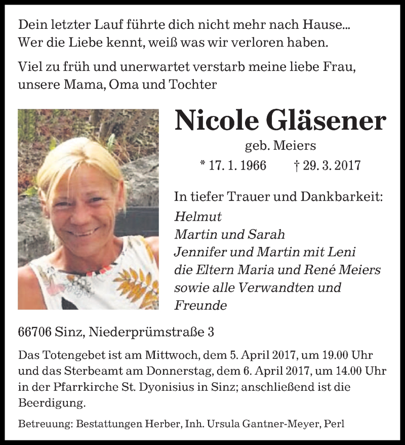  Traueranzeige für Nicole Gläsener vom 01.04.2017 aus saarbruecker_zeitung