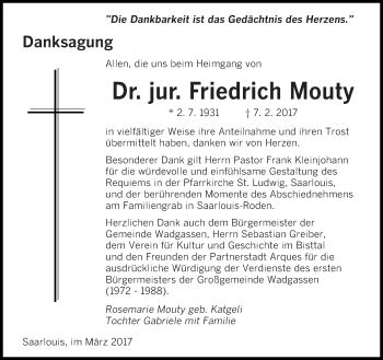 Traueranzeige von Friedrich Mouty von saarbruecker_zeitung