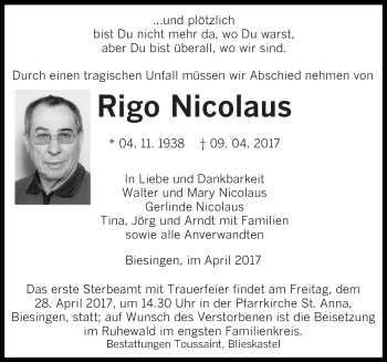 Traueranzeige von Rigo Nicolaus von saarbruecker_zeitung