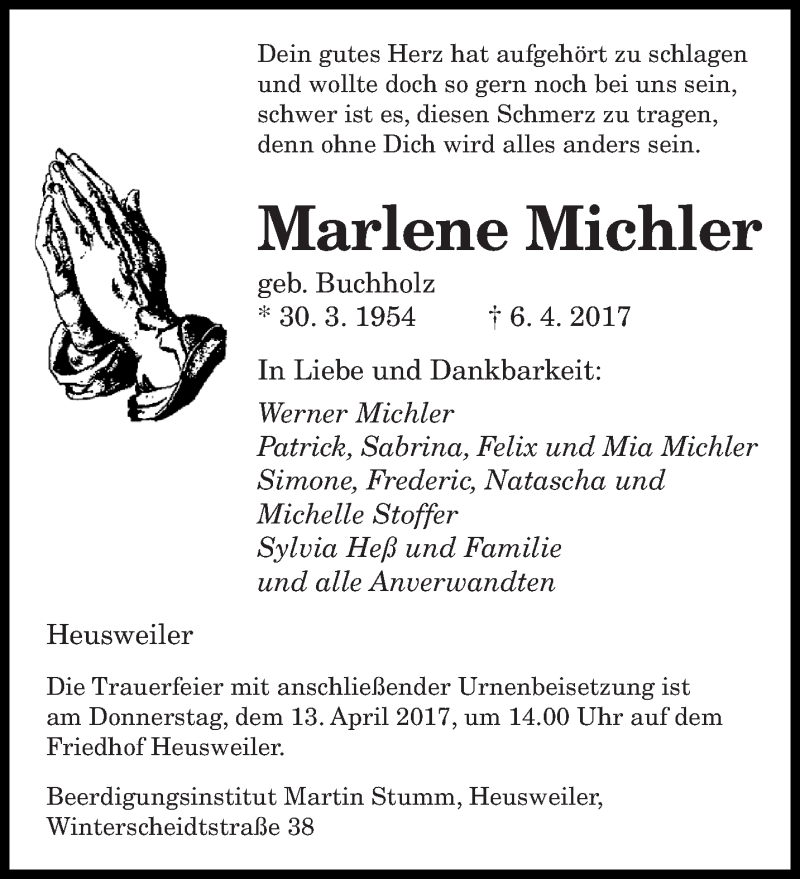  Traueranzeige für Marlene Michler vom 10.04.2017 aus saarbruecker_zeitung