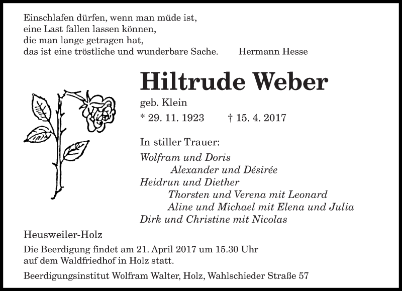 Traueranzeige für Hiltrude Weber vom 19.04.2017 aus saarbruecker_zeitung