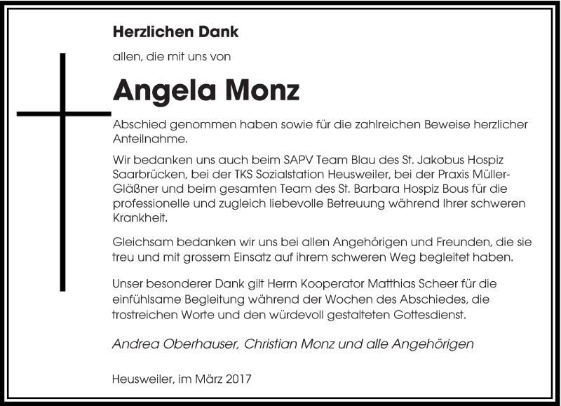  Traueranzeige für Angela Monz vom 18.03.2017 aus saarbruecker_zeitung