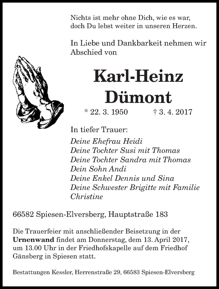  Traueranzeige für Karl-Heinz Dümont vom 08.04.2017 aus saarbruecker_zeitung