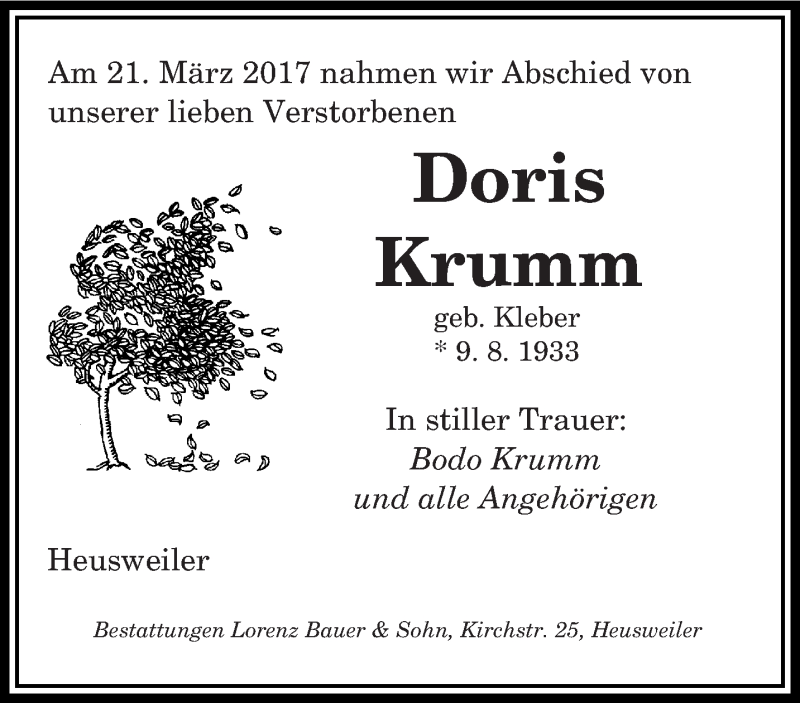  Traueranzeige für Doris Krumm vom 01.04.2017 aus saarbruecker_zeitung