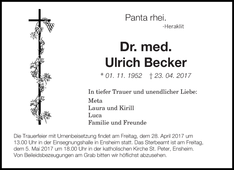  Traueranzeige für Ulrich Becker vom 26.04.2017 aus saarbruecker_zeitung