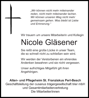 Traueranzeige von Nicole Gläsener von saarbruecker_zeitung