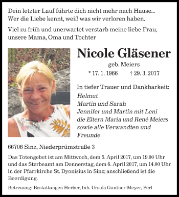 Traueranzeige von Nicole Gläsener von saarbruecker_zeitung