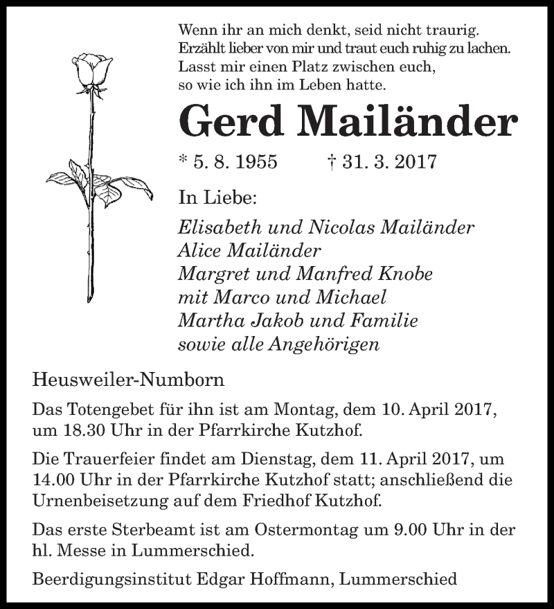  Traueranzeige für Gerd Mailänder vom 08.04.2017 aus saarbruecker_zeitung