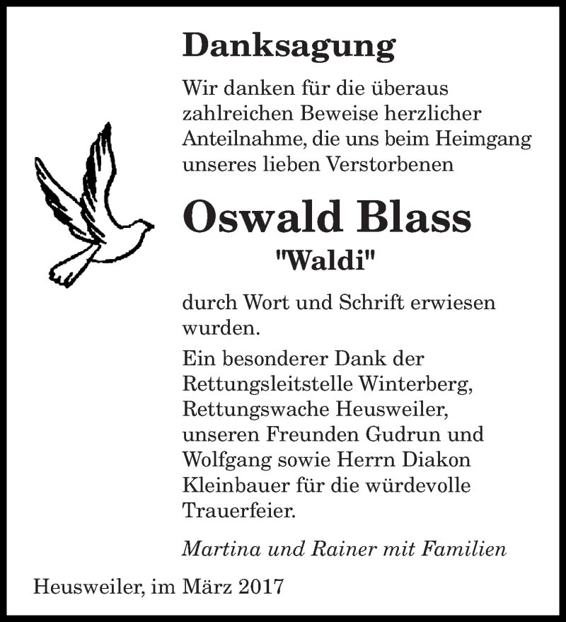  Traueranzeige für Oswald Blass vom 01.04.2017 aus saarbruecker_zeitung