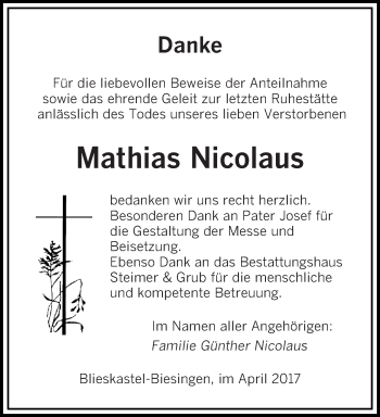 Traueranzeige von Mathias Nicolaus von saarbruecker_zeitung