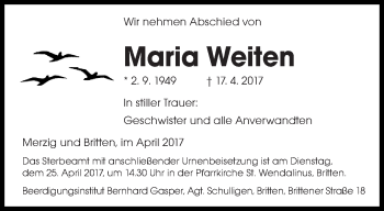 Traueranzeige von Maria Weiten von saarbruecker_zeitung