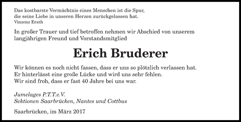  Traueranzeige für Erich Bruderer vom 18.03.2017 aus saarbruecker_zeitung
