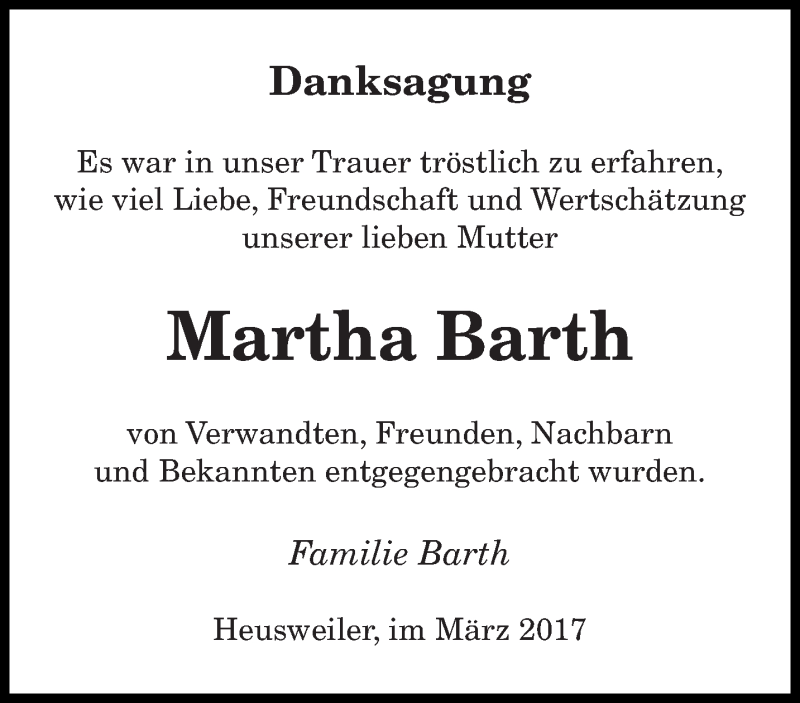  Traueranzeige für Martha Barth vom 01.04.2017 aus saarbruecker_zeitung