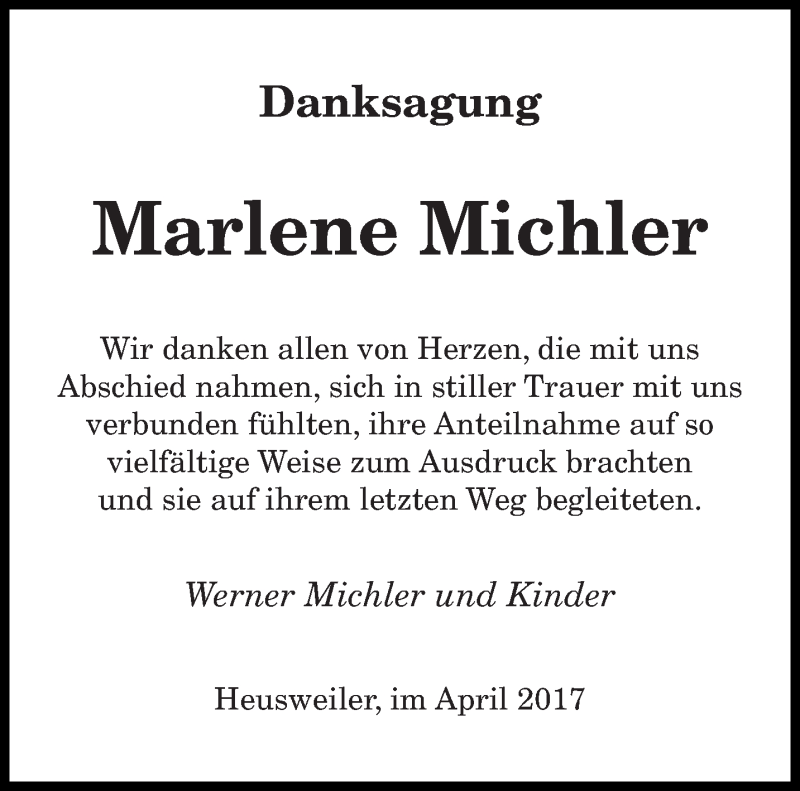  Traueranzeige für Marlene Michler vom 29.04.2017 aus saarbruecker_zeitung