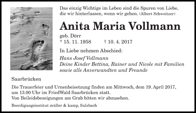  Traueranzeige für Anita Maria Vollmann vom 15.04.2017 aus saarbruecker_zeitung