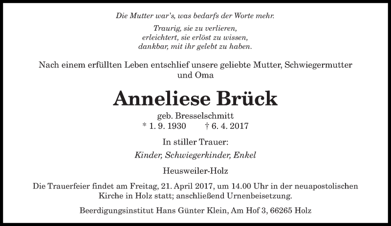  Traueranzeige für Anneliese Brück vom 19.04.2017 aus saarbruecker_zeitung