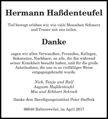 Traueranzeige von Hermann Haßdenteufel von saarbruecker_zeitung