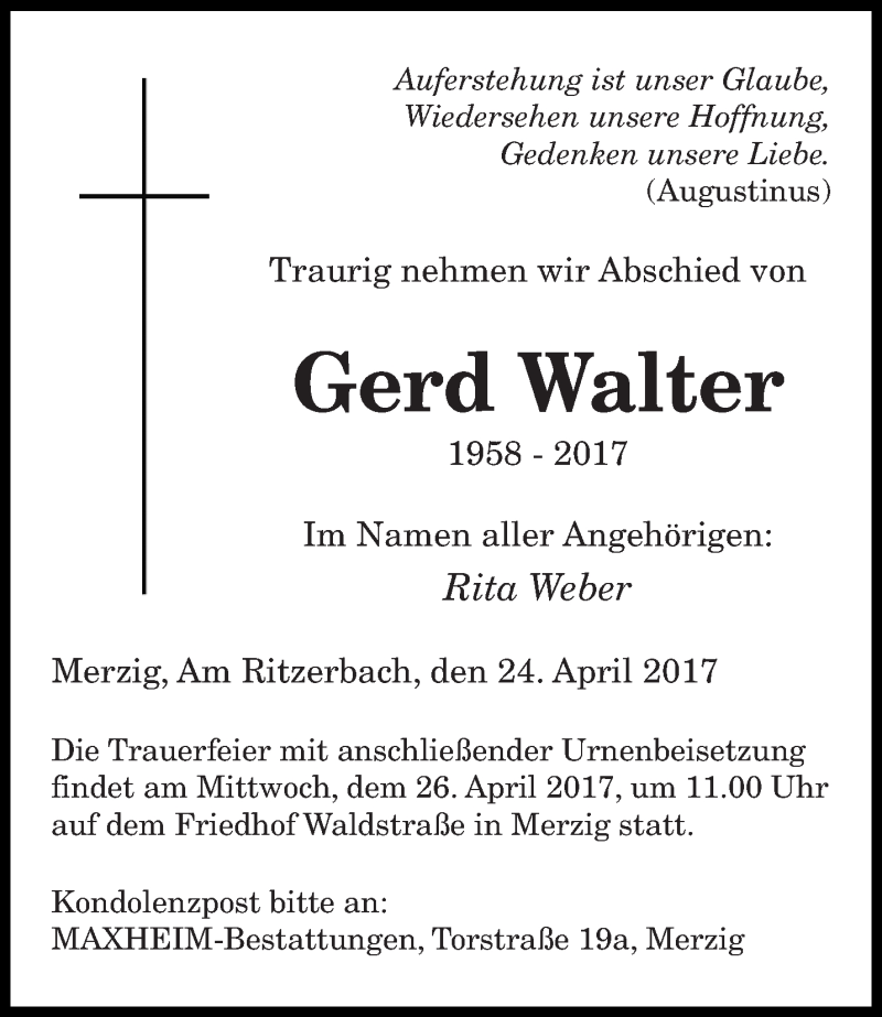  Traueranzeige für Gerd Walter vom 24.04.2017 aus saarbruecker_zeitung