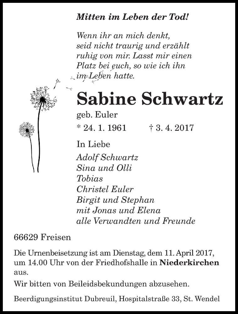  Traueranzeige für Sabine Schwartz vom 06.04.2017 aus saarbruecker_zeitung