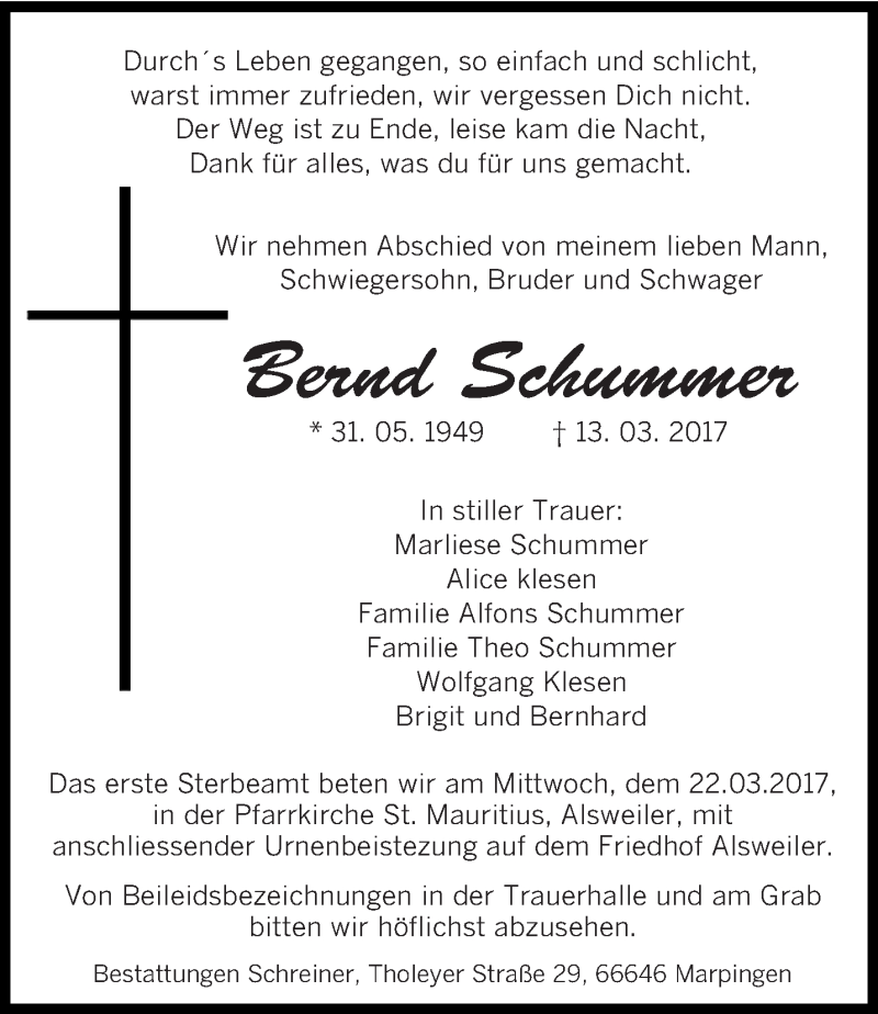  Traueranzeige für Bernd Schummer vom 18.03.2017 aus saarbruecker_zeitung