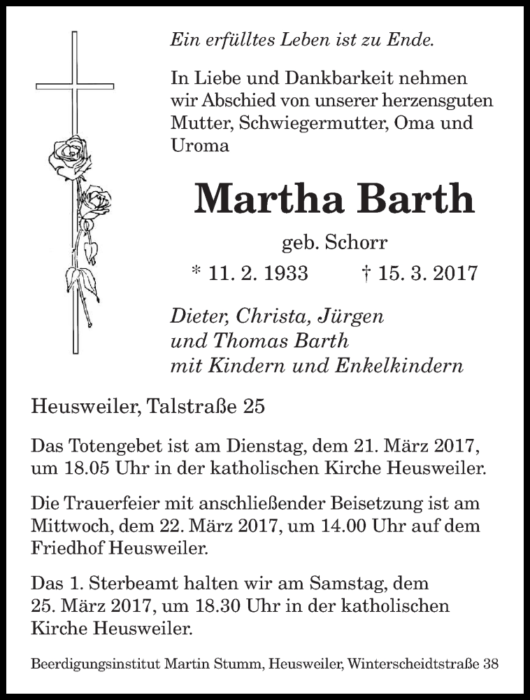  Traueranzeige für Martha Barth vom 18.03.2017 aus saarbruecker_zeitung