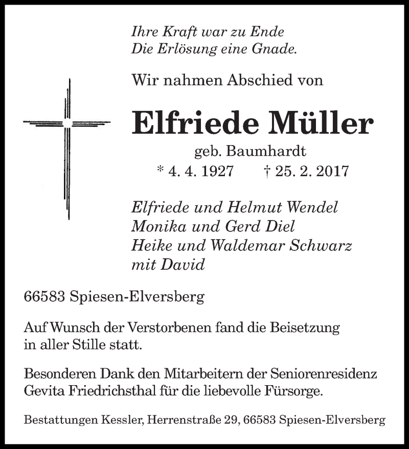  Traueranzeige für Elfriede Müller vom 18.03.2017 aus saarbruecker_zeitung