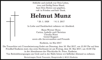 Traueranzeige von Helmut Munz von saarbruecker_zeitung