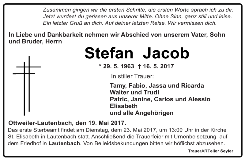  Traueranzeige für Stefan Jacob vom 19.05.2017 aus saarbruecker_zeitung