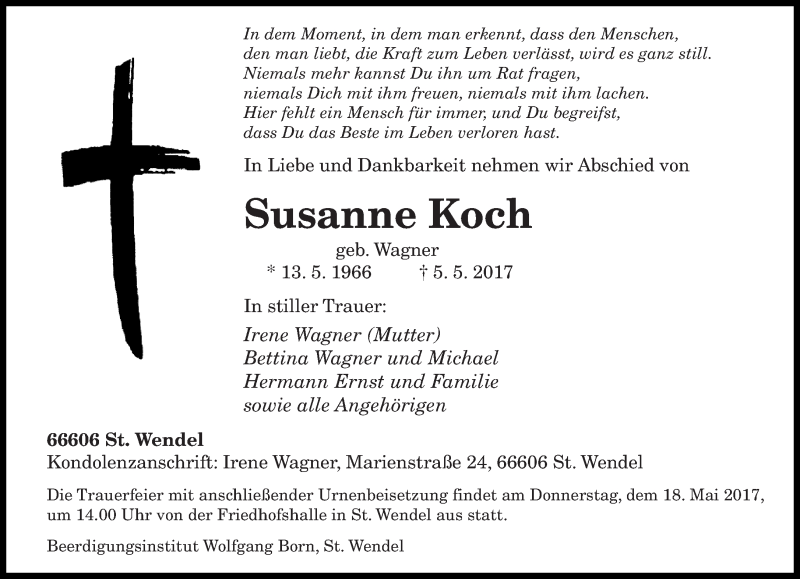  Traueranzeige für Susanne Koch vom 15.05.2017 aus saarbruecker_zeitung
