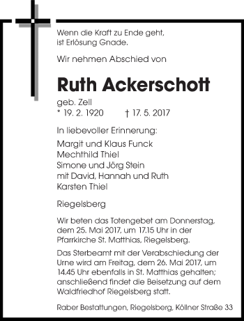Traueranzeige von Ruth Ackerschott von saarbruecker_zeitung