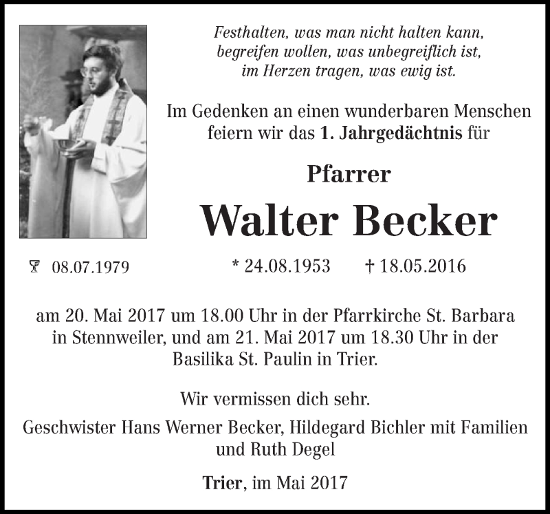  Traueranzeige für Walter Becker vom 13.05.2017 aus saarbruecker_zeitung