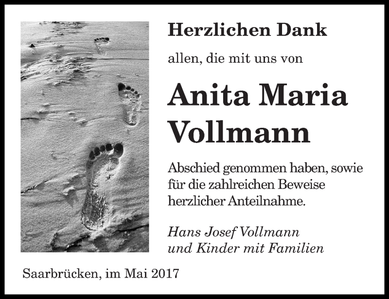 Traueranzeige für Anita Maria Vollmann vom 06.05.2017 aus saarbruecker_zeitung