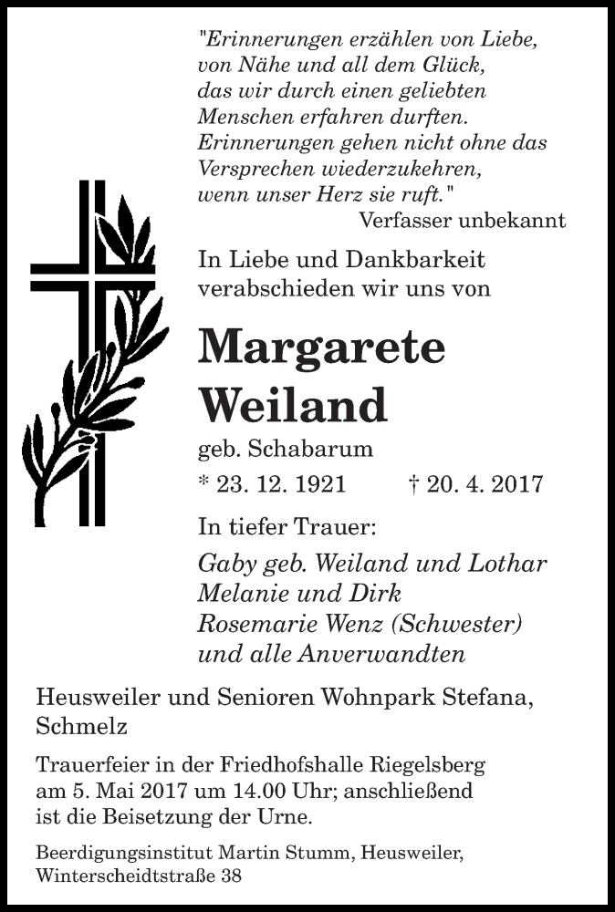  Traueranzeige für MArgarete Weiland vom 02.05.2017 aus saarbruecker_zeitung